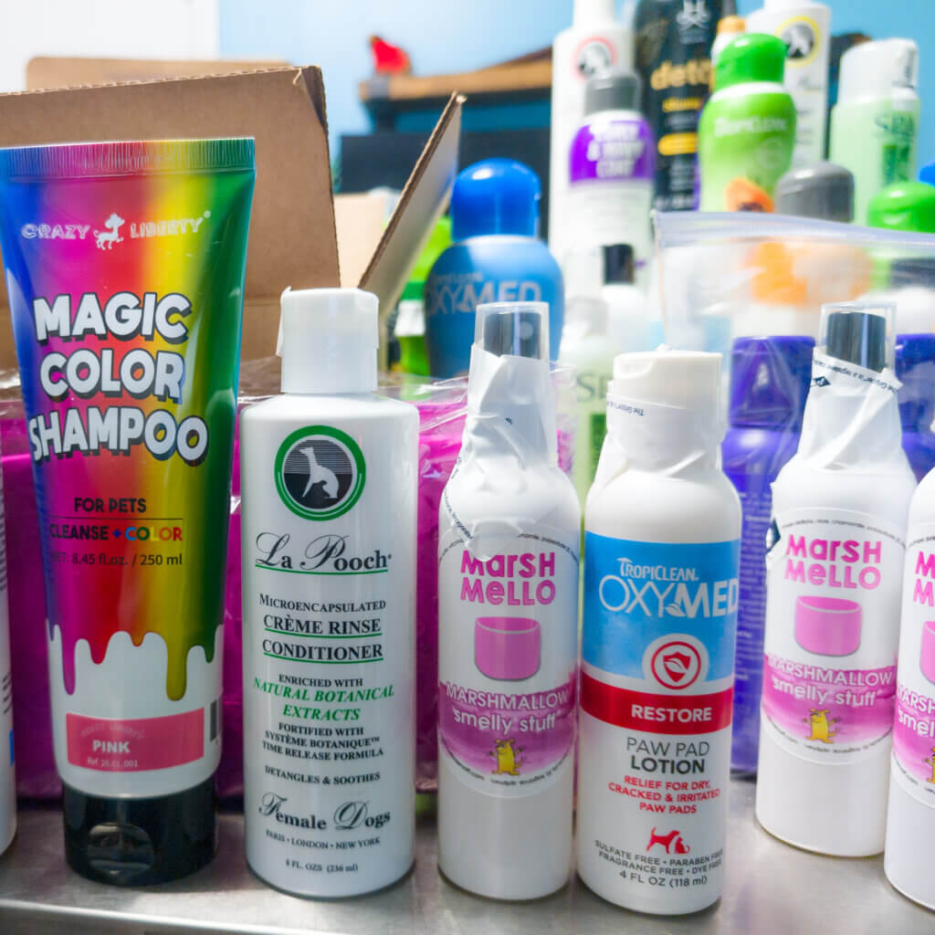 mixed brands dog grooming shampoo GroomBox Premium a subscription box for dog groomers.