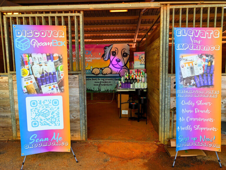 dog grooming supplies at a trade show GroomBox, a subscription box for dog groomers who practice dog grooming.