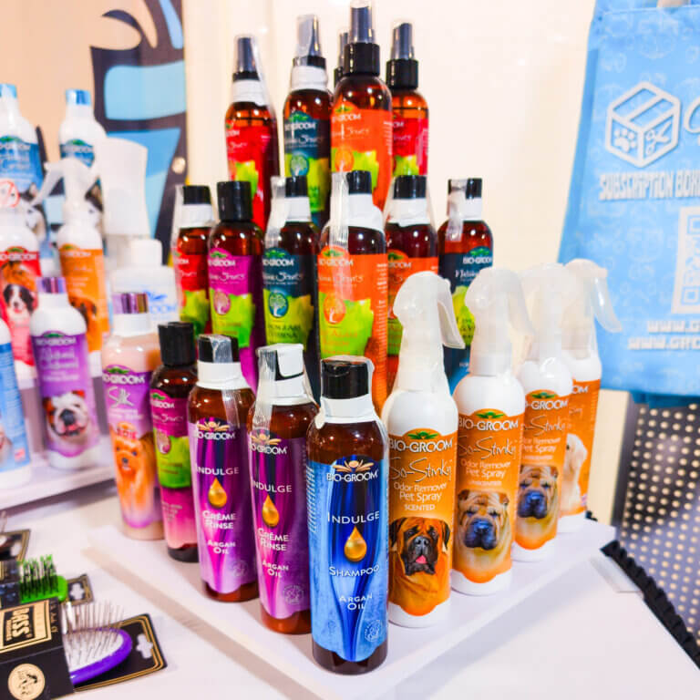 dog grooming supplies at a trade show GroomBox, a subscription box for dog groomers who practice dog grooming.