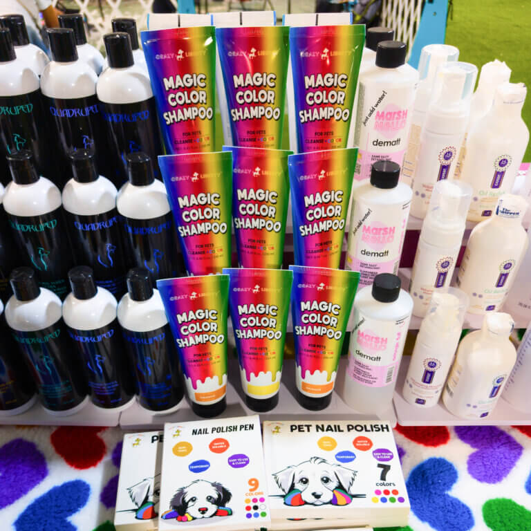 dog grooming supplies at a trade show GroomBox, a subscription box for dog groomers who practice dog grooming.
