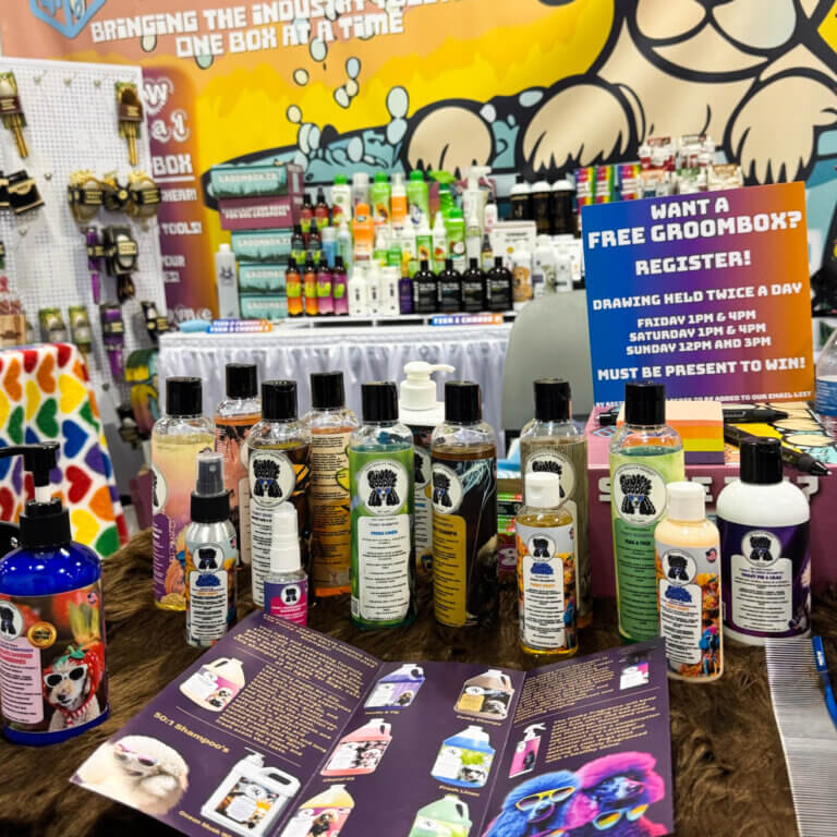 dog grooming supplies at a trade show GroomBox, a subscription box for dog groomers who practice dog grooming.