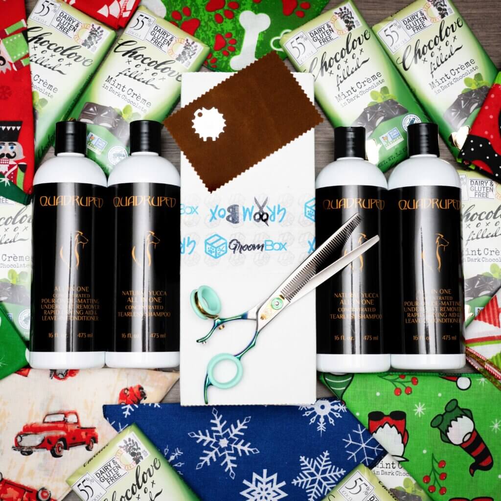 Quadruped dog grooming shampoo GroomBox Premium a subscription box for dog groomers.