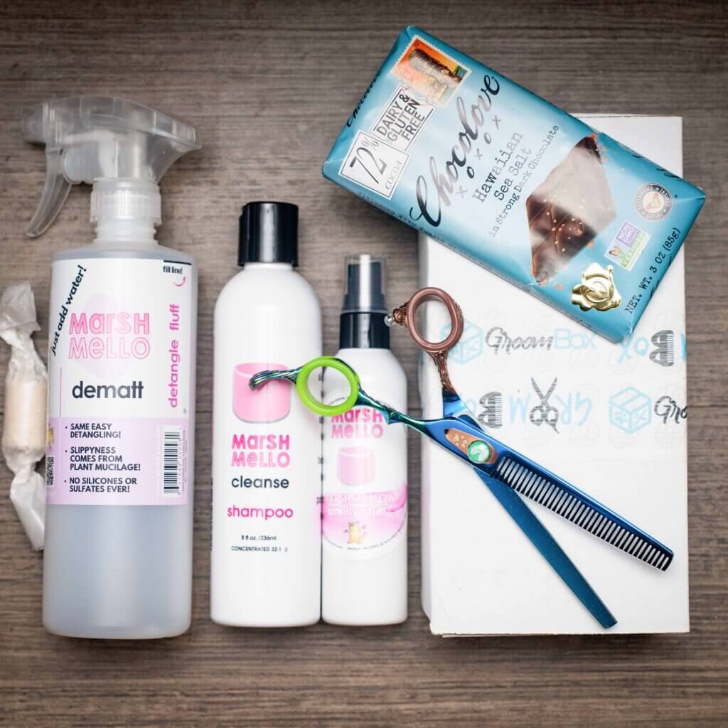 MarshMello Dematt dog grooming shampoo GroomBox Premium a subscription box for dog groomers.