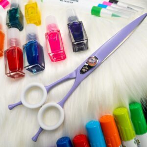 Blueberry Swirl reversible dog grooming shears with curved blade, ball bearing, and micro-serrated edge by GroomBox.