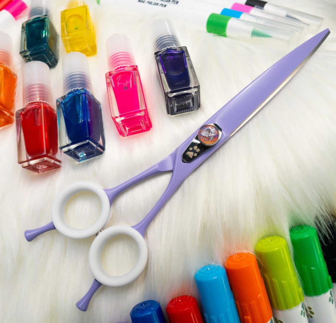 Blueberry Swirl reversible dog grooming shears with curved blade, ball bearing, and micro-serrated edge by GroomBox.