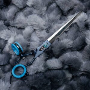 Dolphin Curves swivel dog grooming shears with ergonomic handle, ball bearing system, and curved blade by GroomBox.